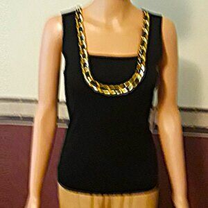 Cable and Gauge Sleeveless Black Knit Top w/Gold Chain Neckline Size Small NWT